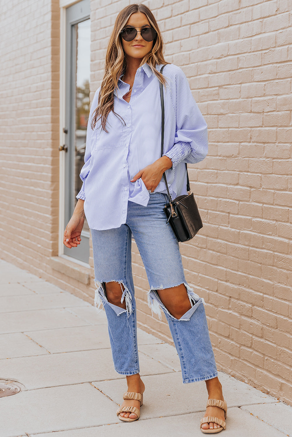 Blue Stripe Striped Casual Shirred Cuffs Shirt