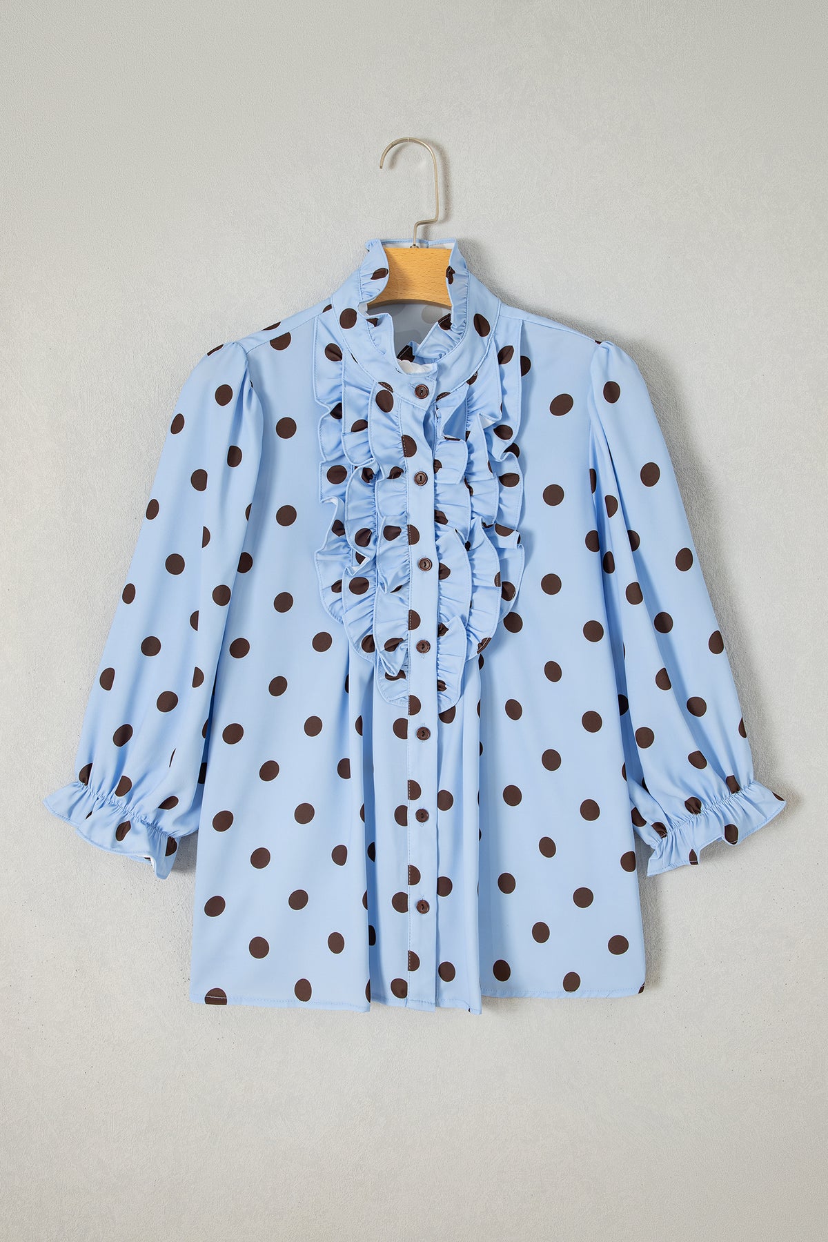 Black white Polka Dot Striped Print Ruffle Stand Neck 3/4 Sleeve Shift Shirt