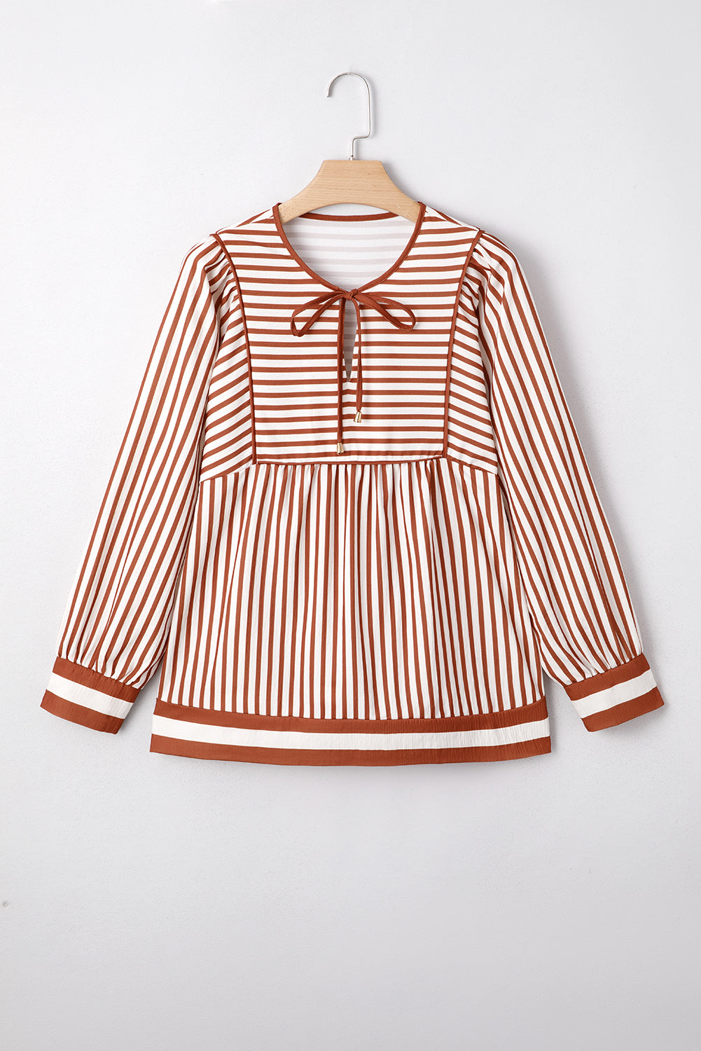 Brown Striped Drawstring V Neck Blouse