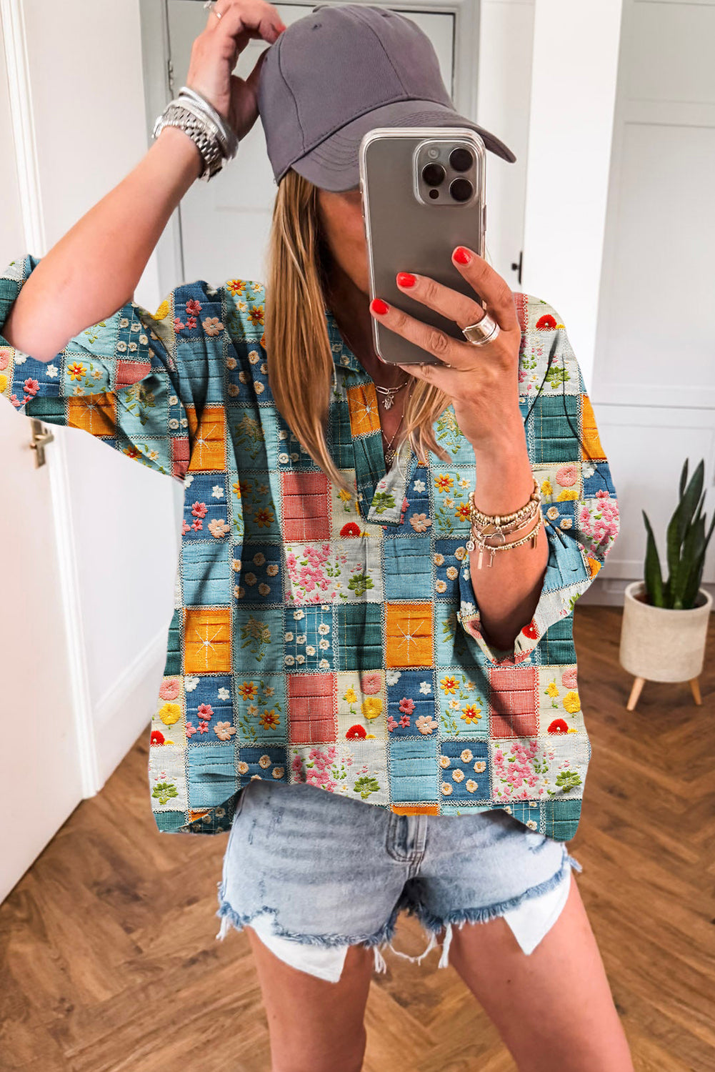 Sky Blue Floral Patchwork Collared V Neck Blouse