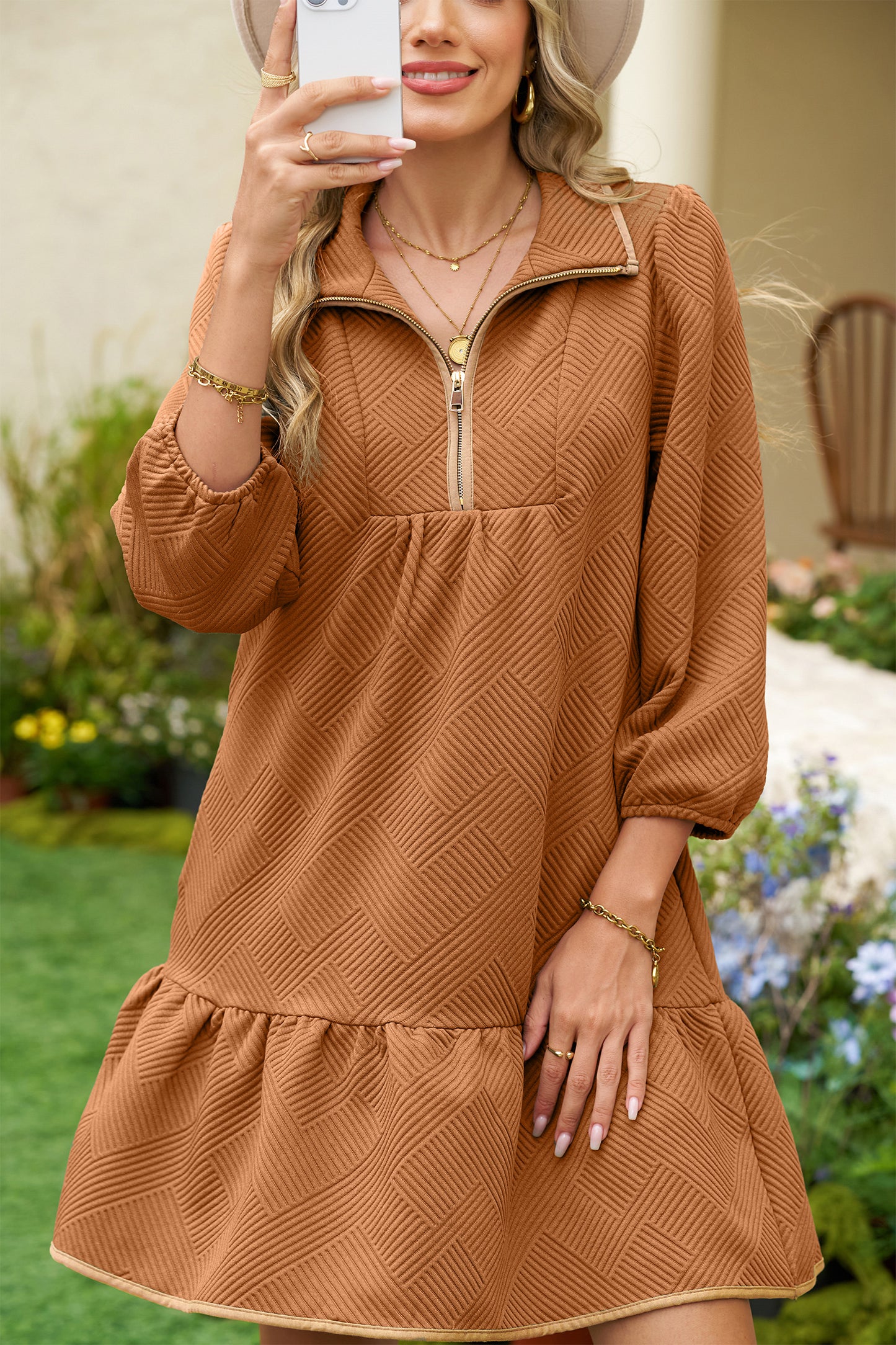 Desert Gold  Quarter Zip Collar Bracelet Sleeve Textured Mini Dress