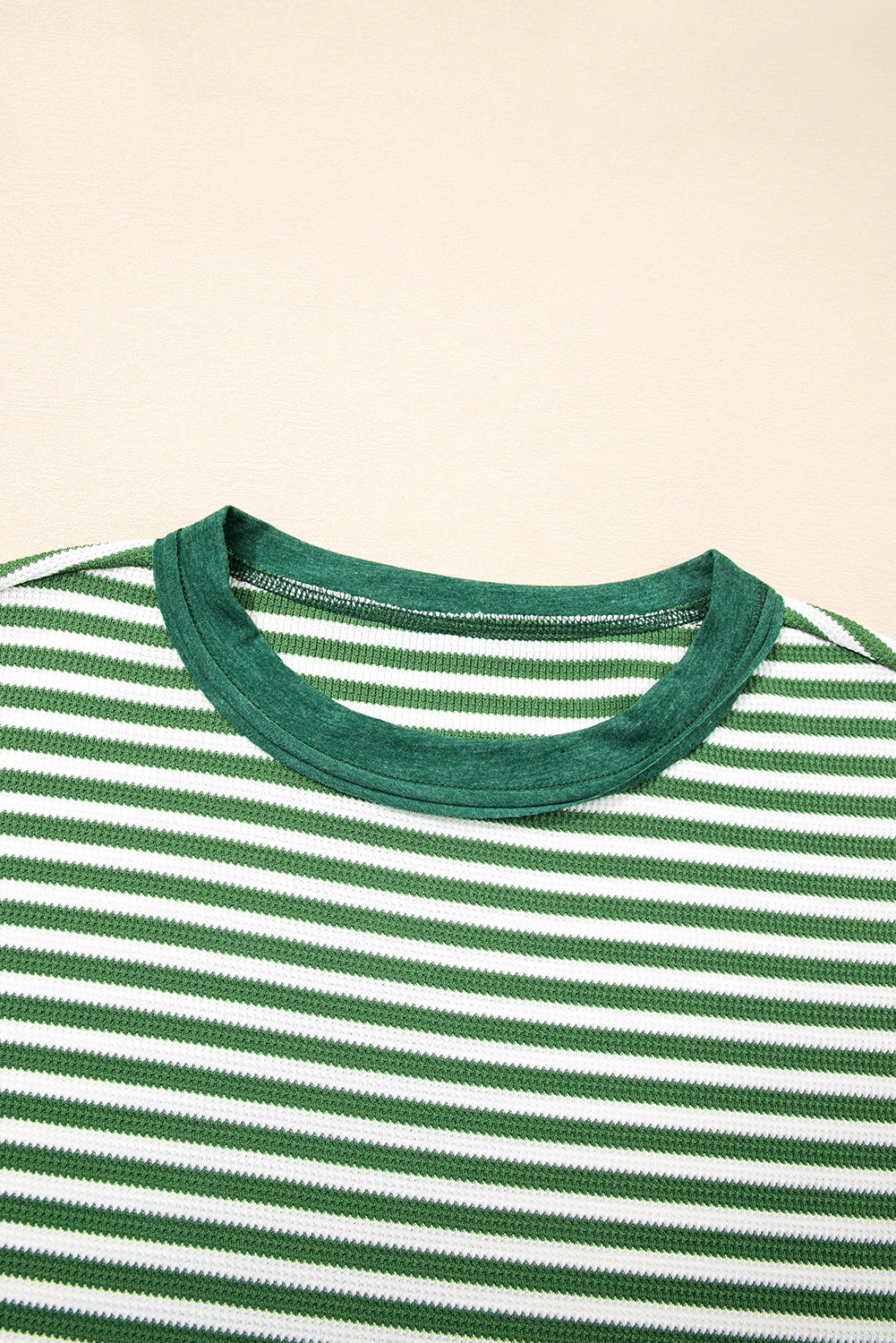Green Stripe Exposed Seam Patchwork Plus Size Thermal Waffle Top