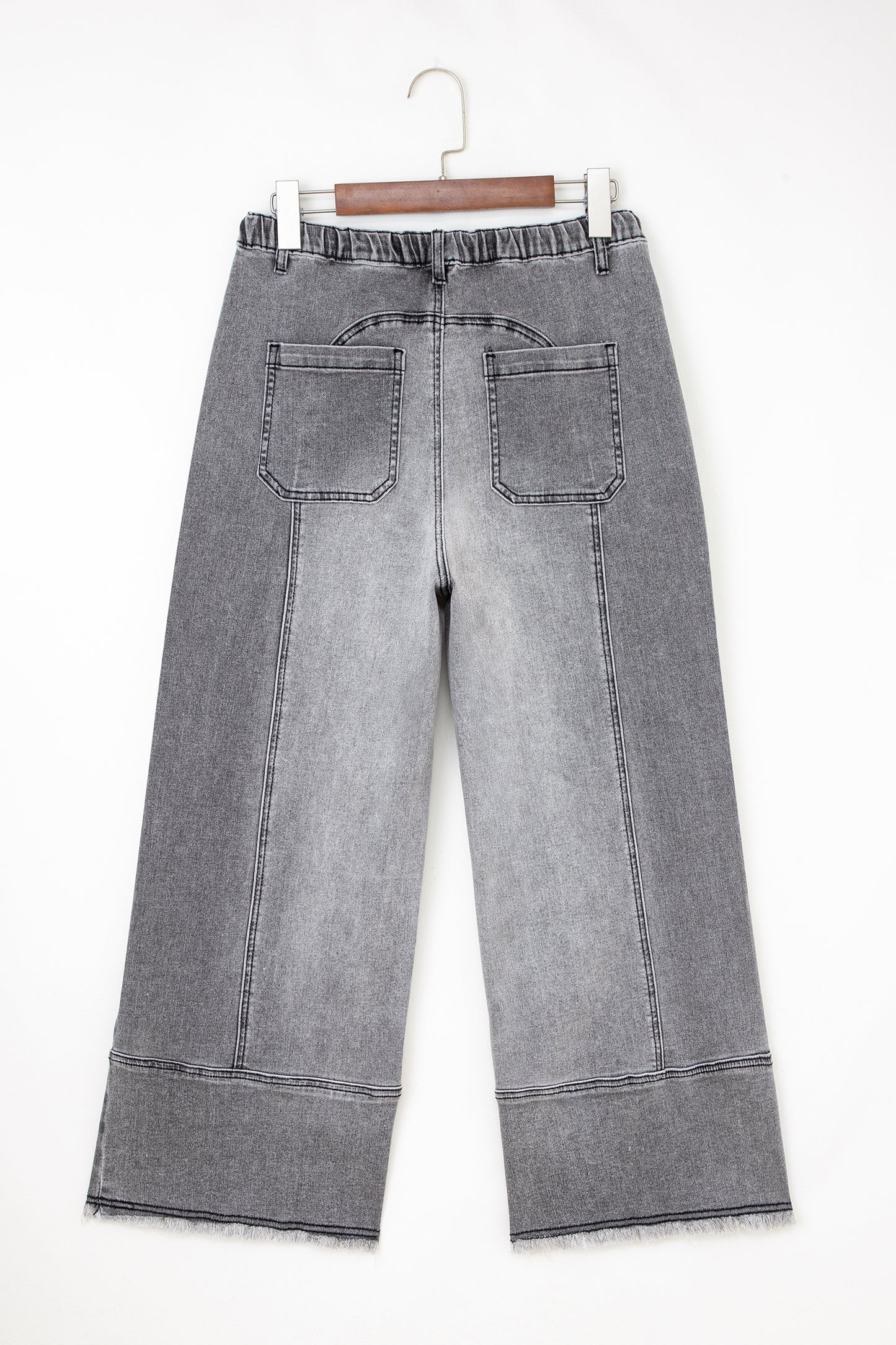 Gray Drawstring Seam Detail Raw Hem Wide Leg Denim Pants