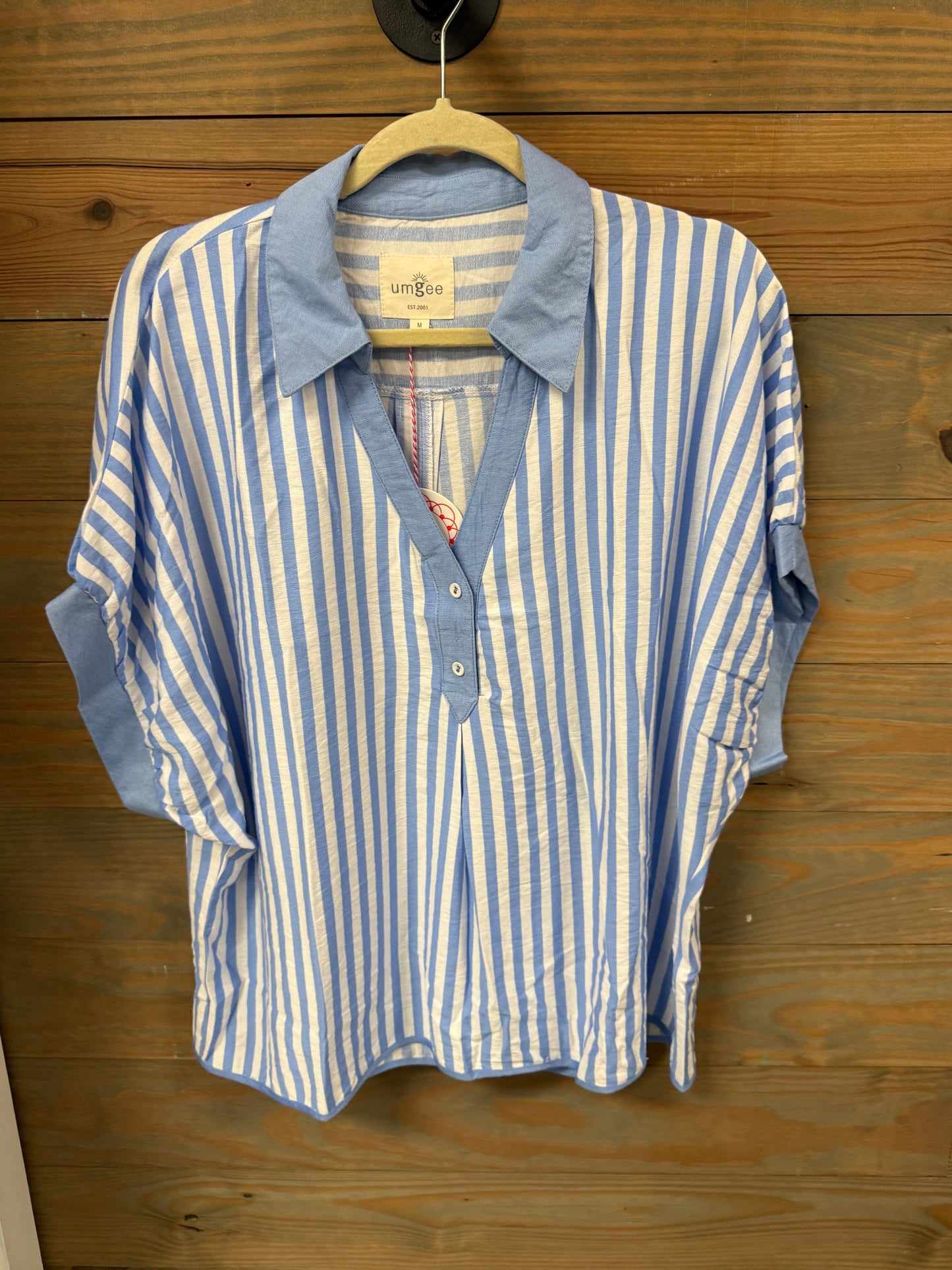 Umgee Collared V-Neck Stripe Top