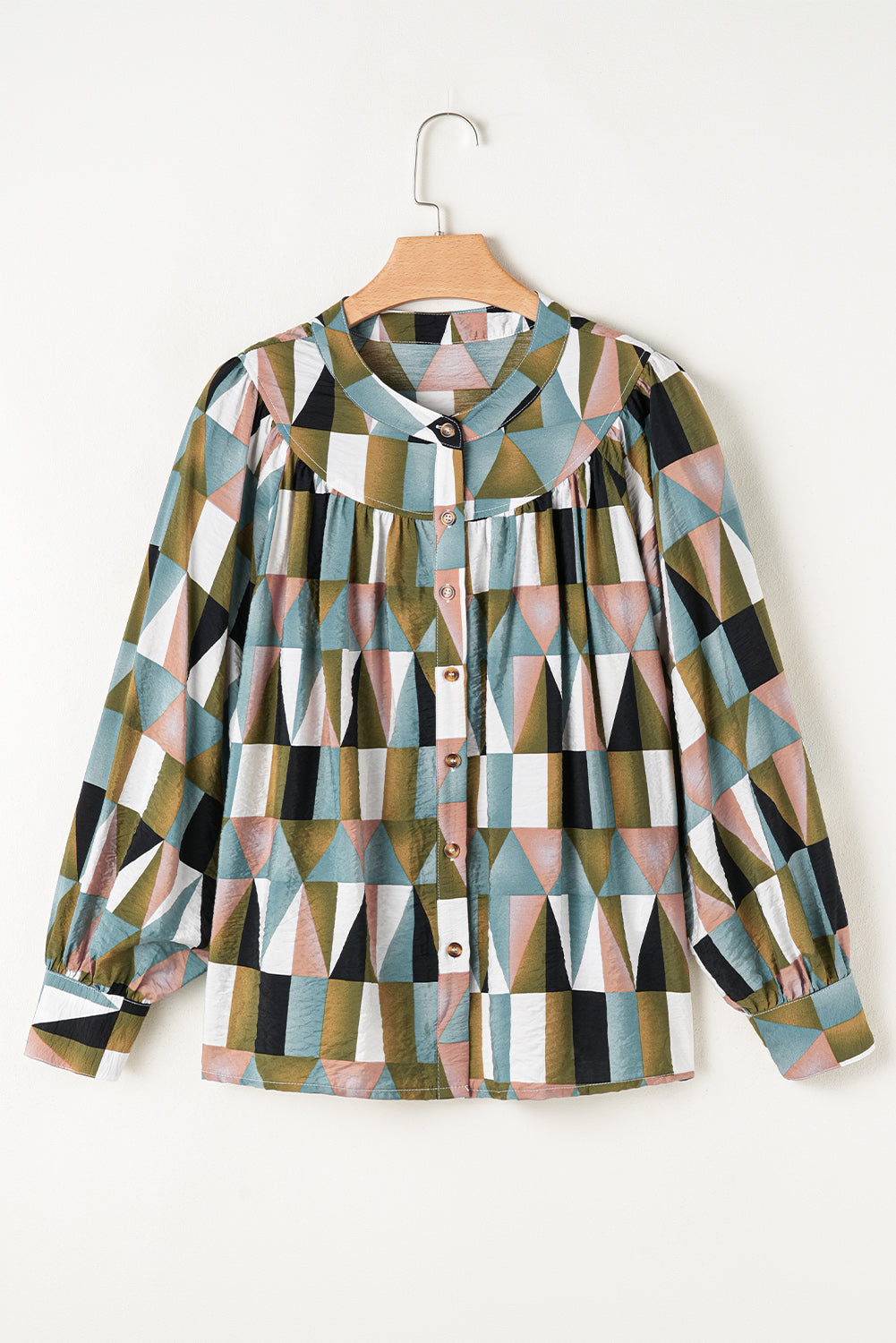 Green Geometric Print Button Balloon Sleeve Loose Fit Shirt