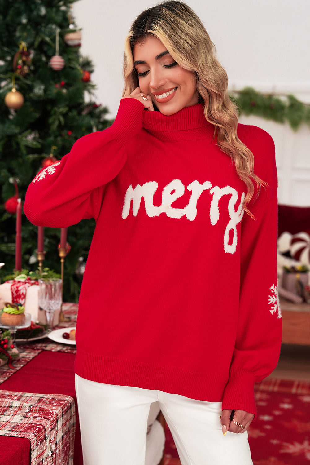 Fiery Red Merry Snowflake Pattern Christmas Turtleneck Sweater
