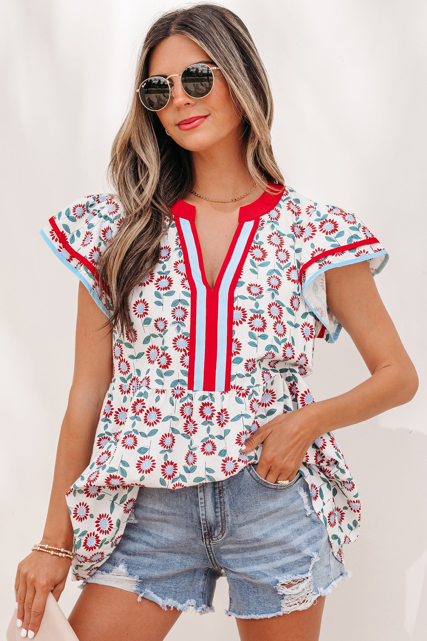 Green Sunflower Printed Contrast Trim V Neck Flutter Sleeve Blouse