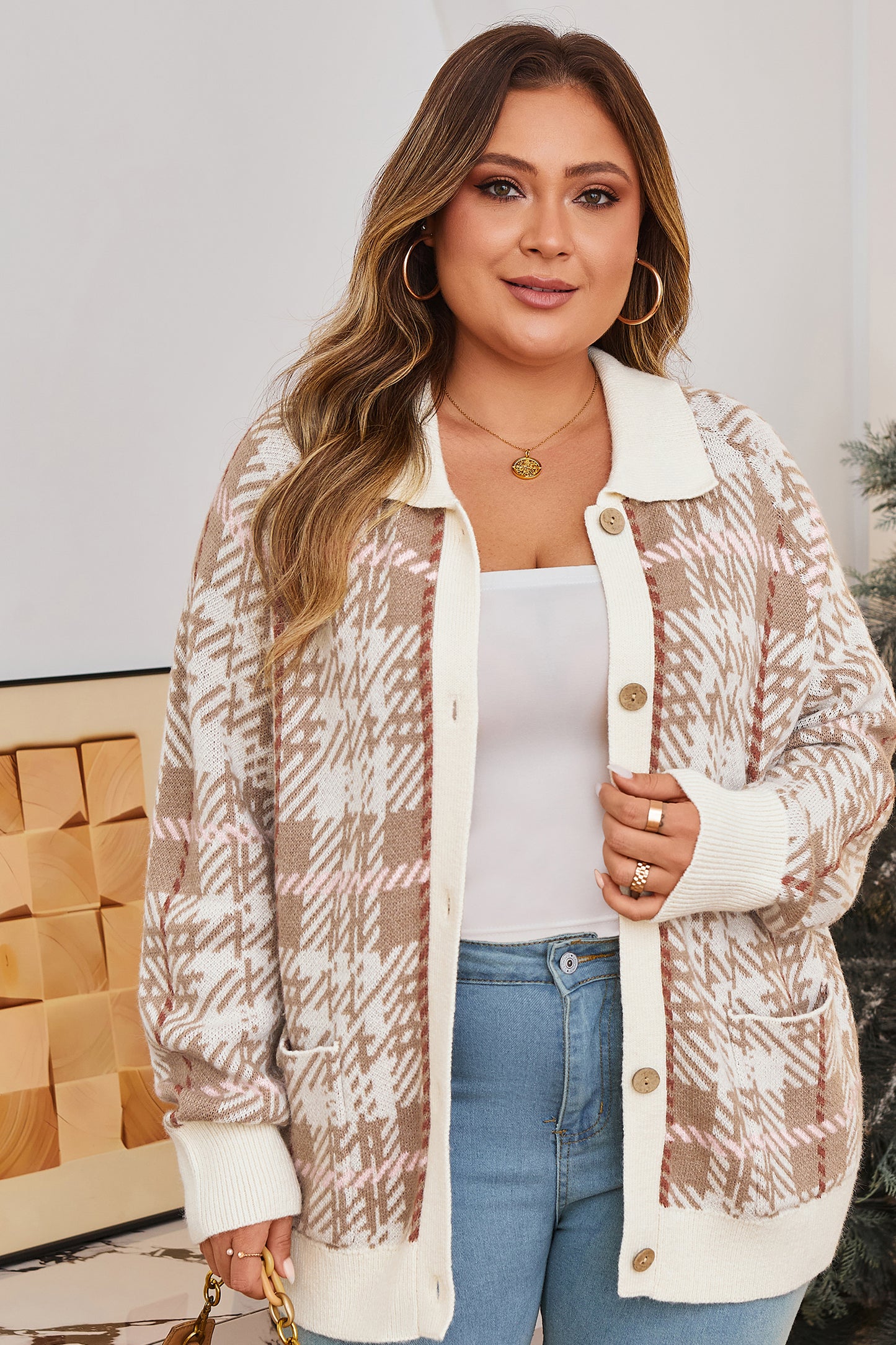 Khaki Vintage Pattern Ribbed Trim Button Front Plus Size Cardigan Sweater