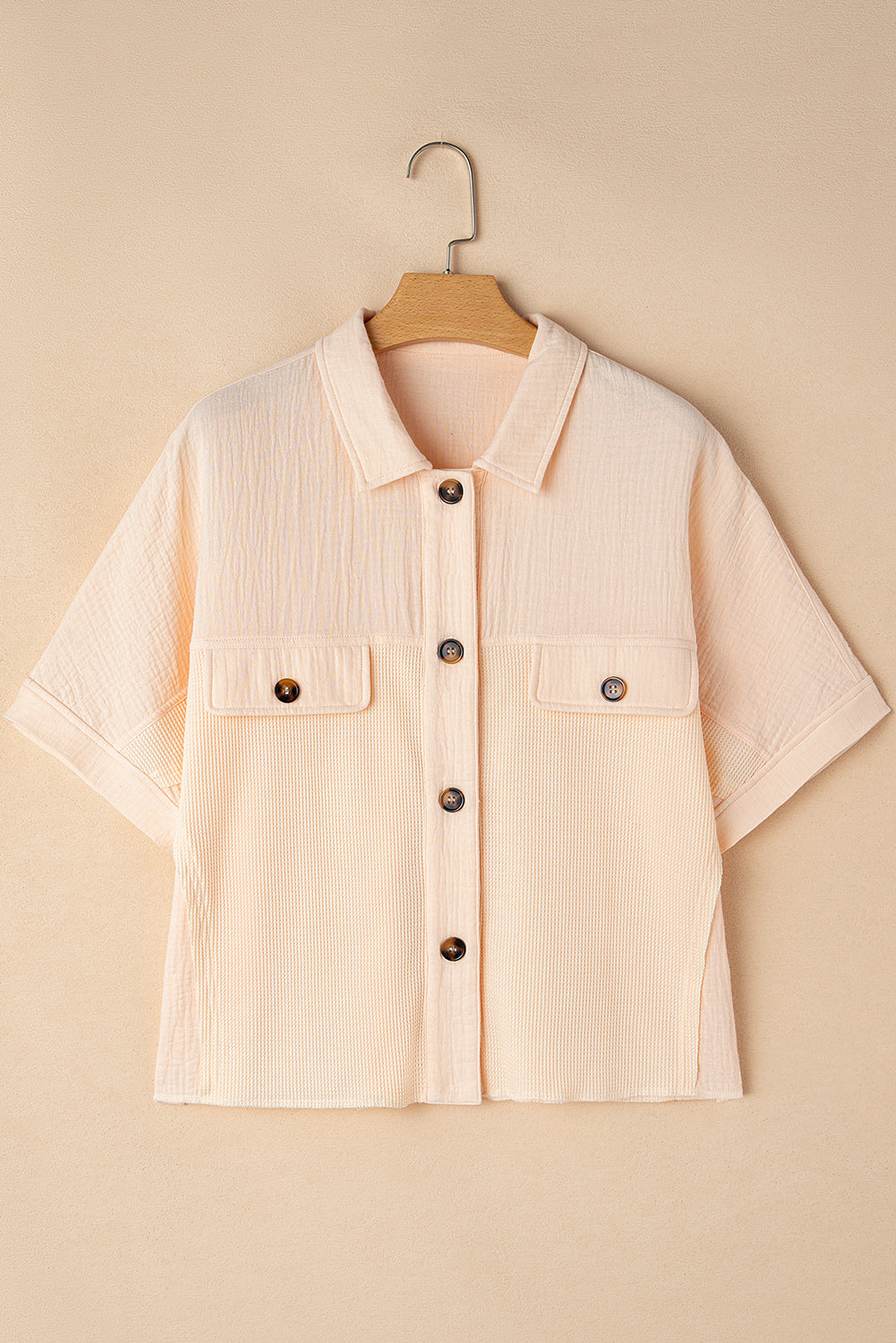 Beige Waffle Crinkle Patchwork Short Batwing Sleeve Shirt