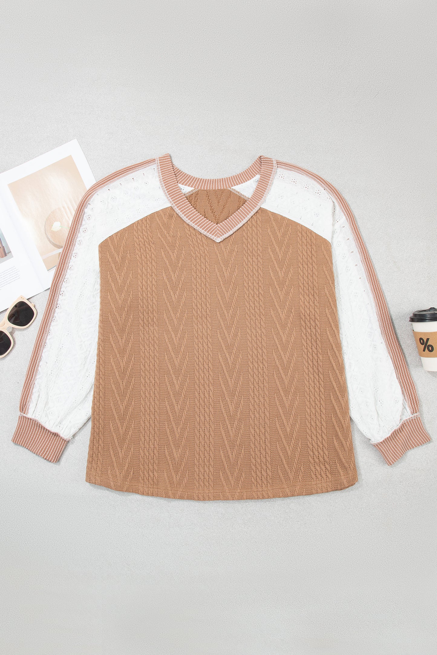 Coffee V Neck Lace Sleeve Patchwork Plus Size Blouse
