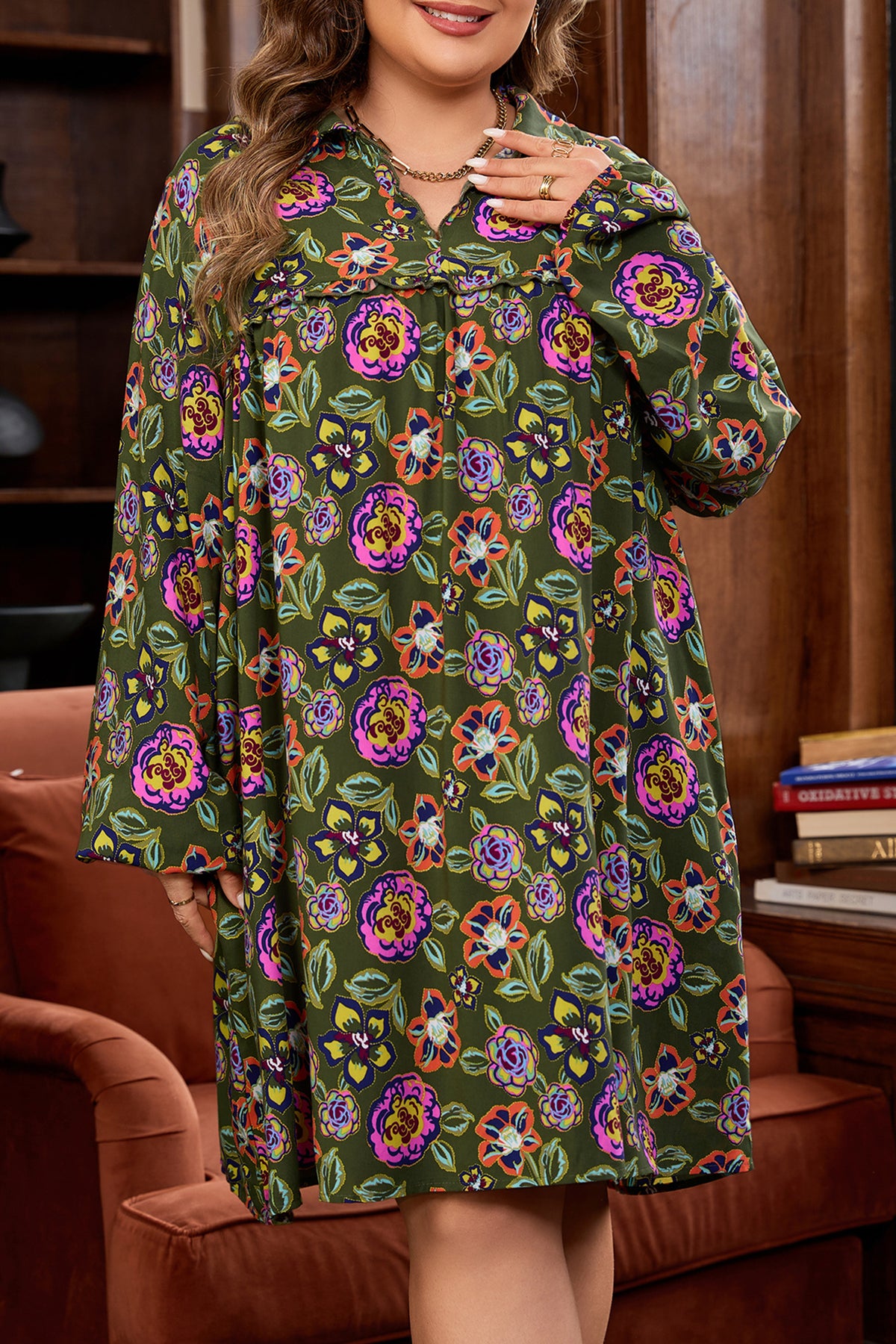 Green Plus Size Floral Print Collared V Neck Loose Mini Dress
