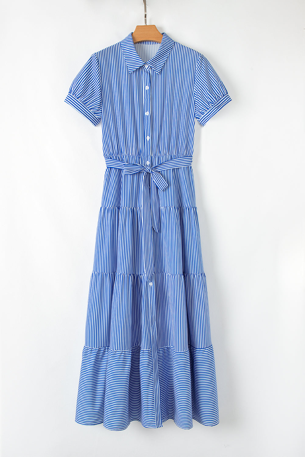 Blue Striped Button Front Belted Shirt Collar Maxi Dress