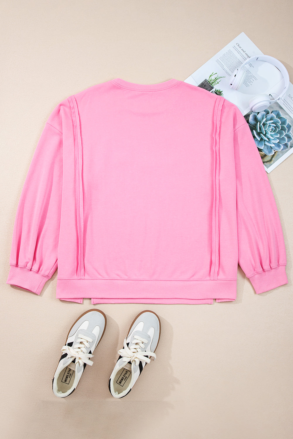 Pink Lace Bow Embroidered Dolman Sleeve Plus Size Sweatshirt