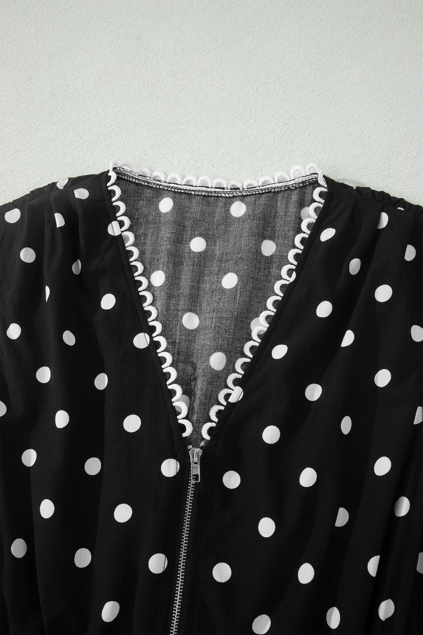 Brown Polka Dot Print Contrast Trim V Neck Zip Up Sleeveless Dress