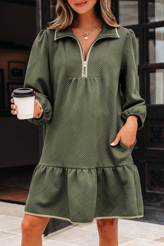 Jungle Green  Quarter Zip Collar Bracelet Sleeve Textured Mini Dress
