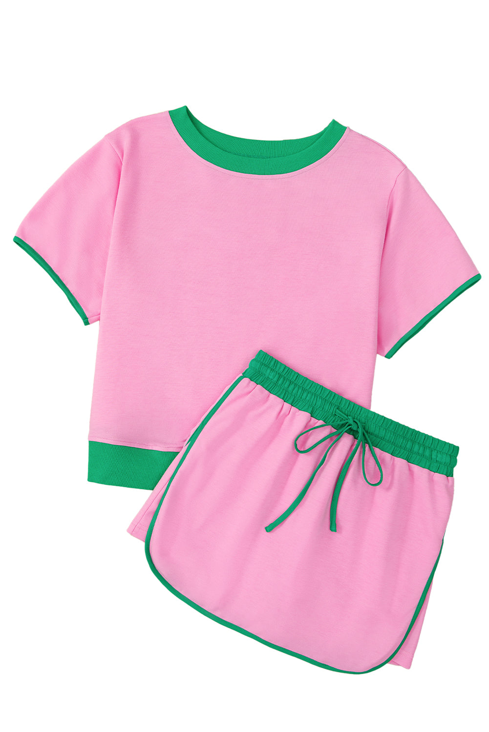 Evergreen Colorblock Edge Drop Shoulder T Shirt and Skort 2Pcs Set