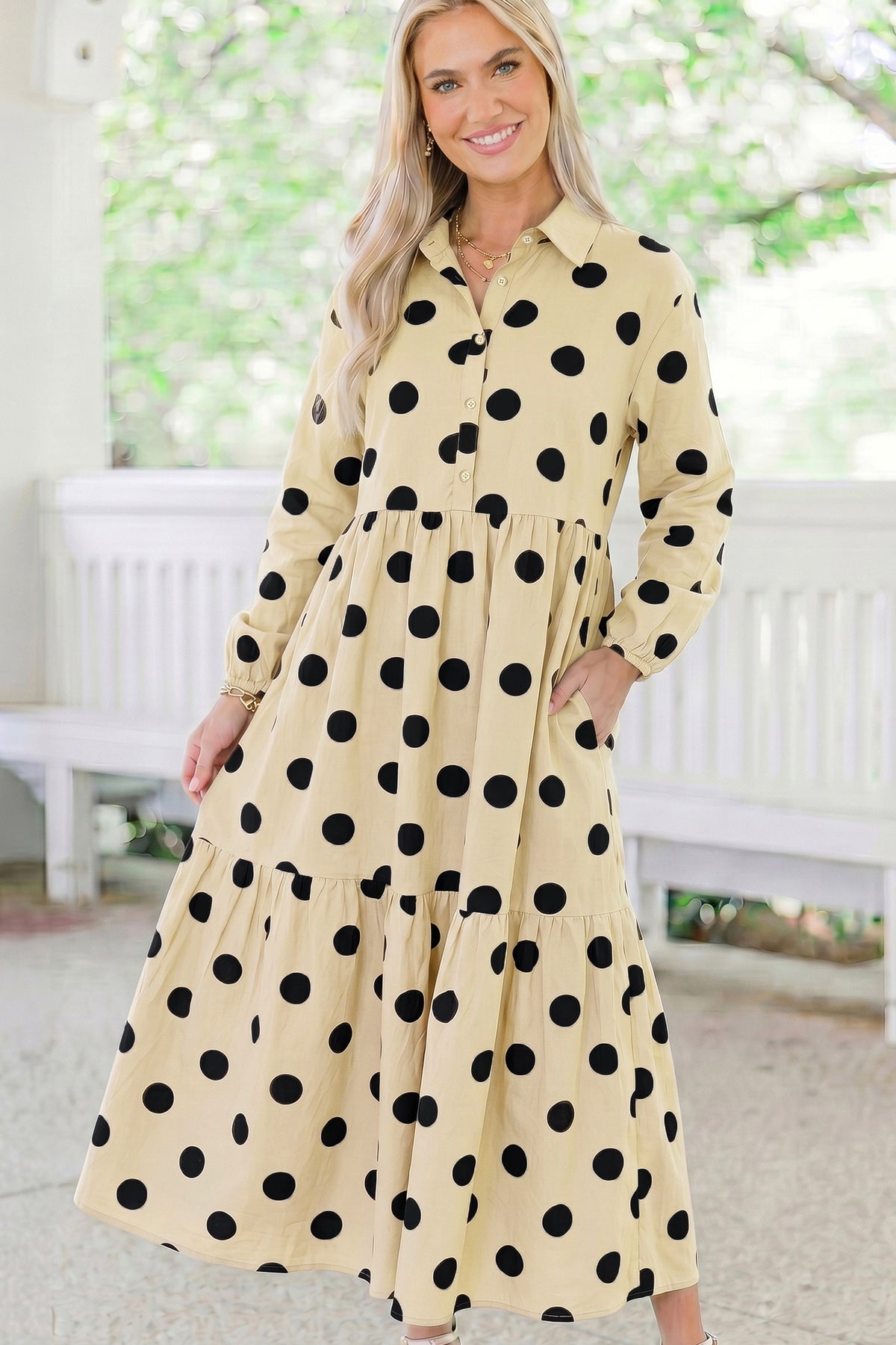 Brown Polka Dot Button Front Long Sleeve Shift Dress