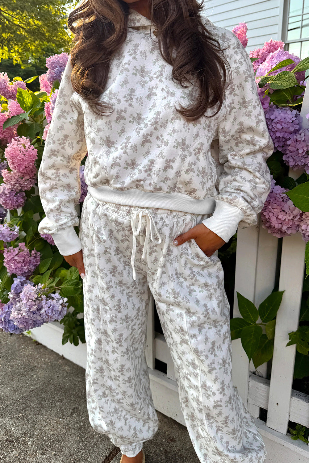 White Ditsy Floral Print Cozy Pullover Drawstring Pants Set