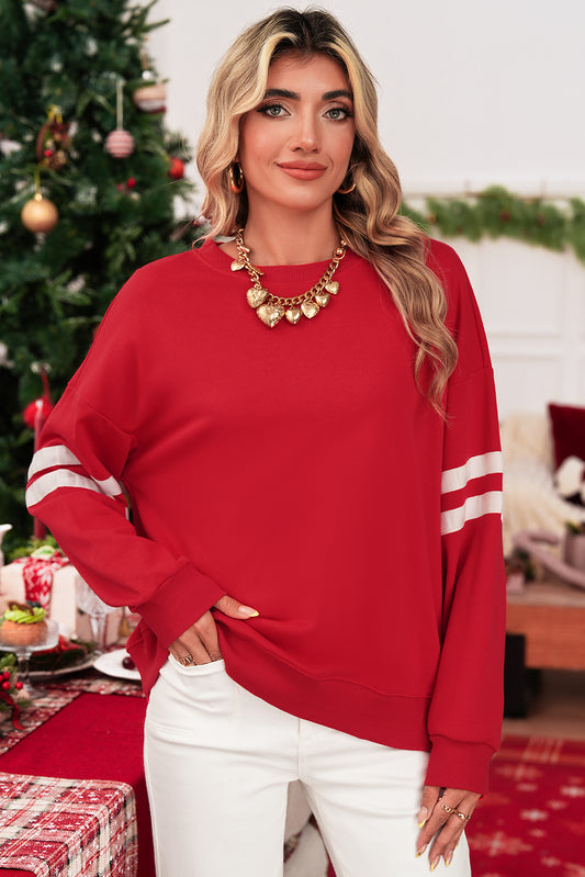 Fiery Red Preppy Striped Sleeve Loose Sweatshirt