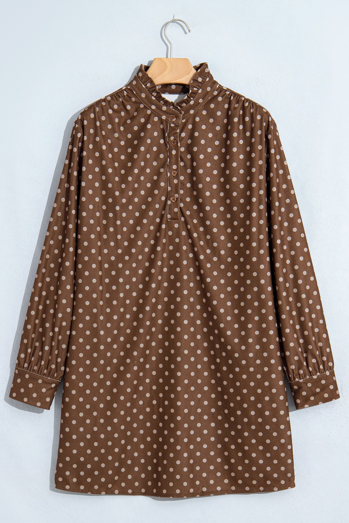 Brown Polka Dot V Neck Long Sleeve Button Shift Dress