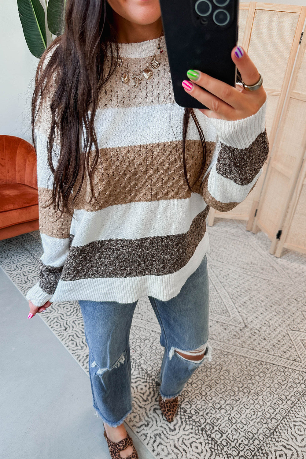 Brown Mixed Texture Knit Striped Colorblock Loose Sweater