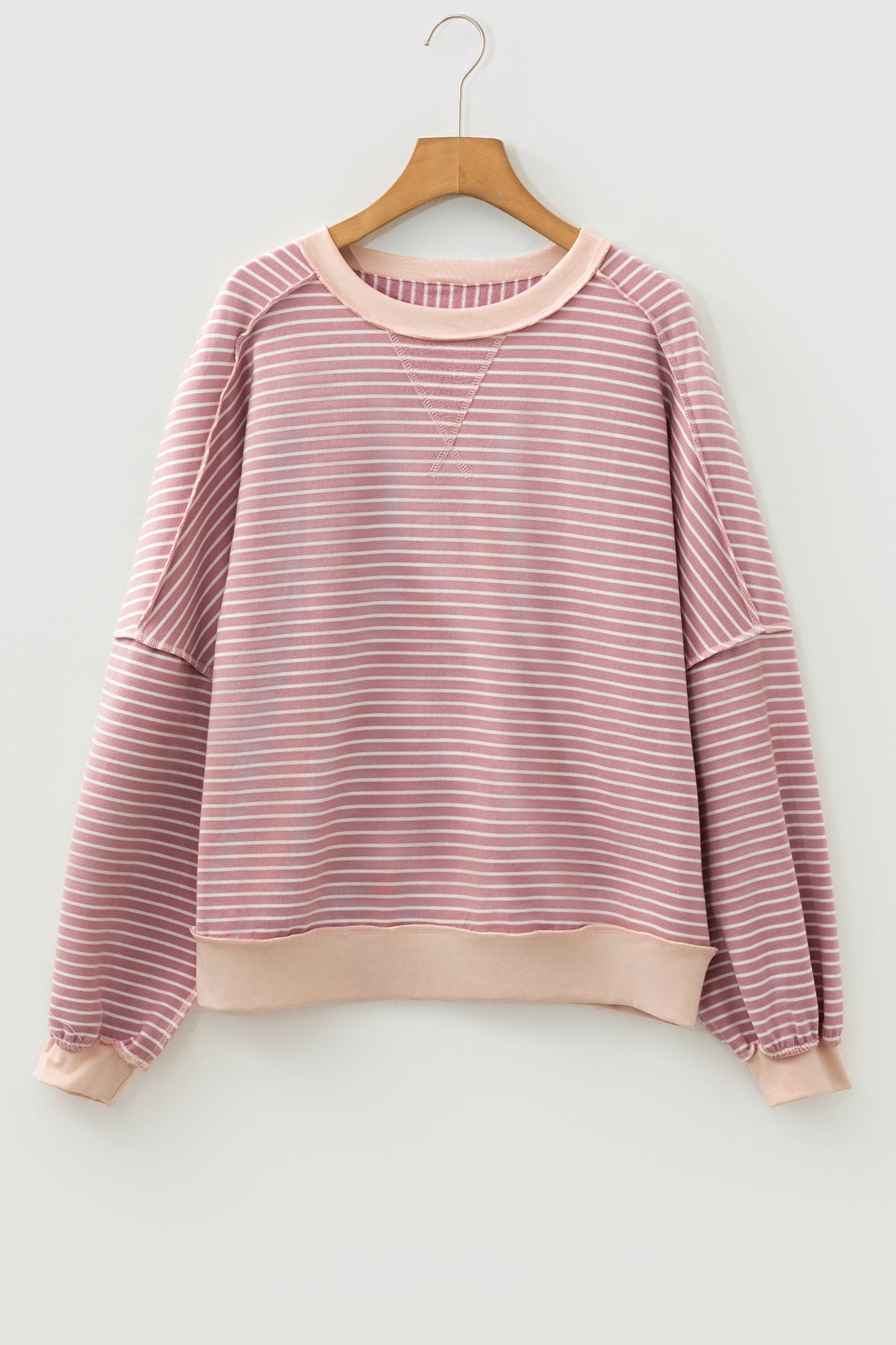 Pink Stripe Exposed Stitching Patchwork Casual Long Sleeve Top
