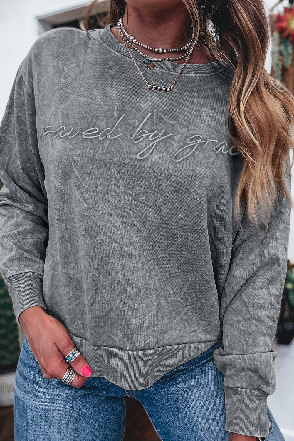 High-rise  saved by grace Letter Embroidery Mineral Wash Loose Sweatshirt
