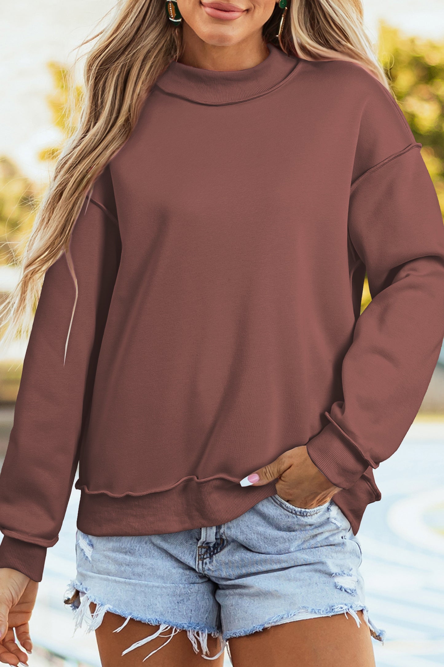 Apricot Oversize Drop Shoulder Reversible Mock Neck Sweatshirt