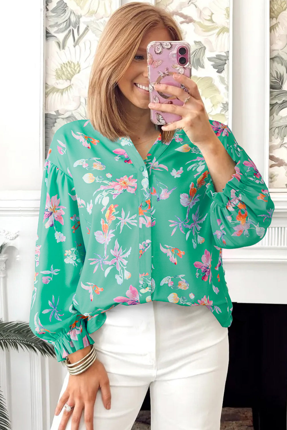 Green Floral Lantern Sleeve Button Front Shirt