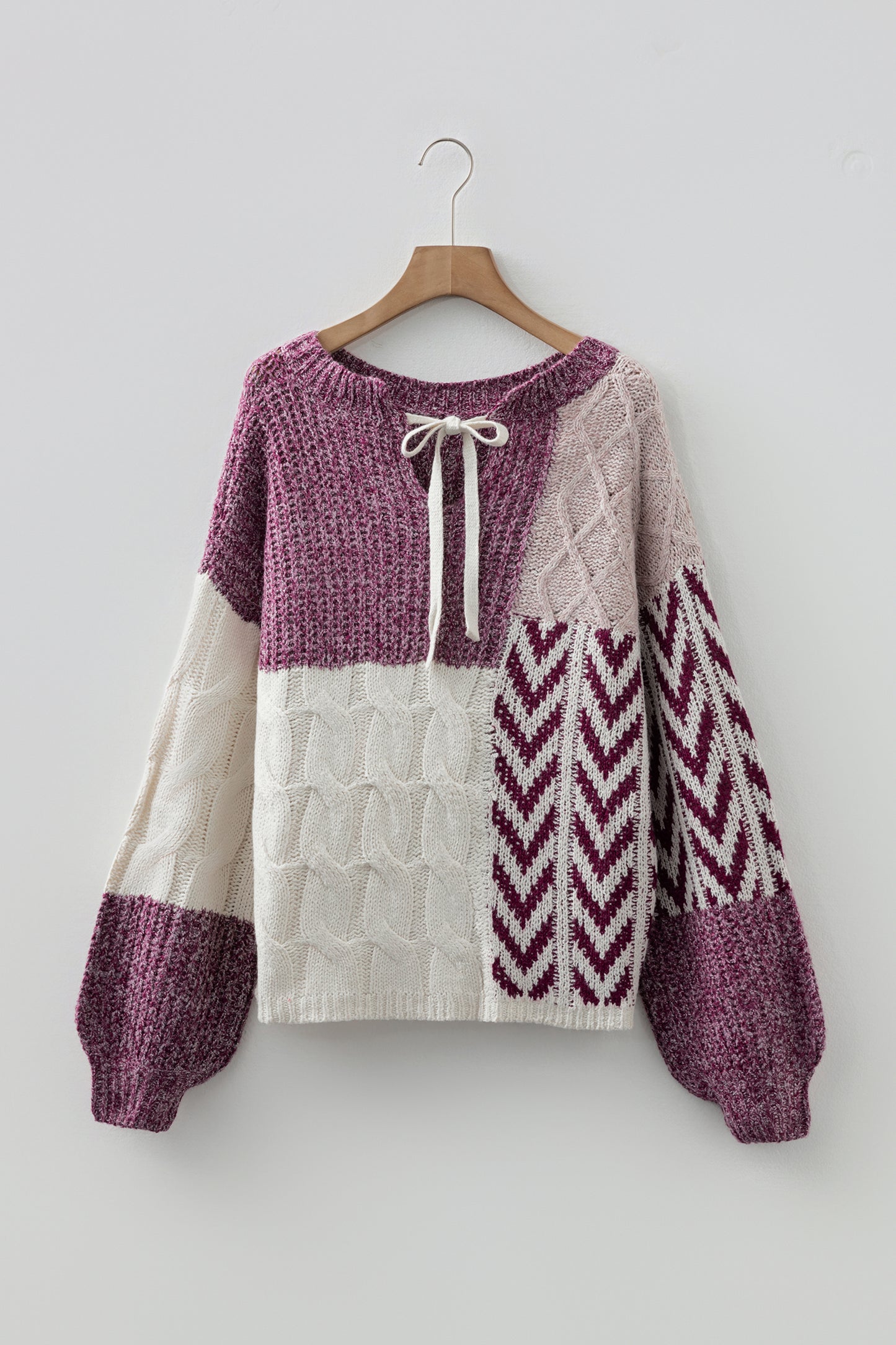 Brown Colorblock Patchwork Knotted Back Loose Fit Sweater
