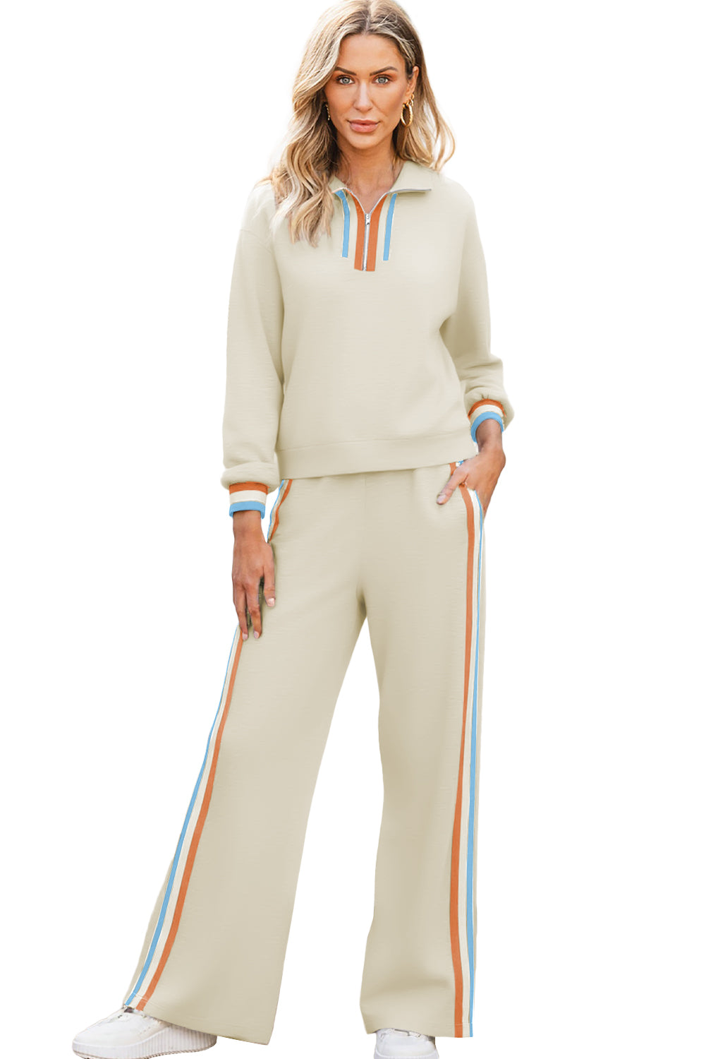 Apricot Striped Patchwork Quarter Zip Pullover Loose Pants Set