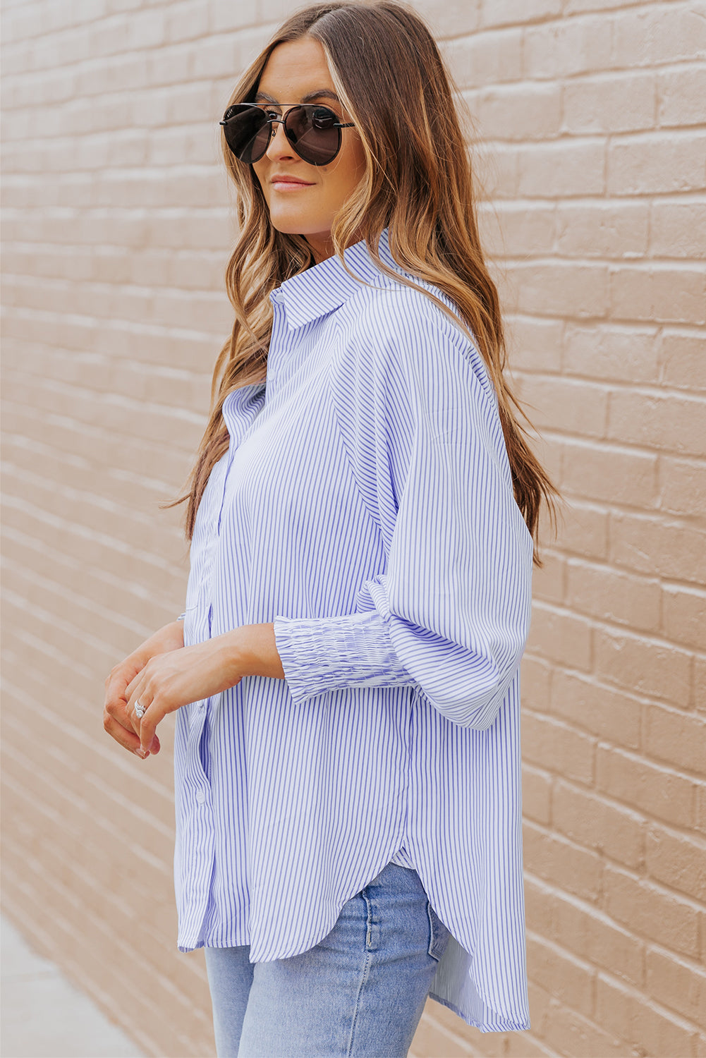 Blue Stripe Striped Casual Shirred Cuffs Shirt