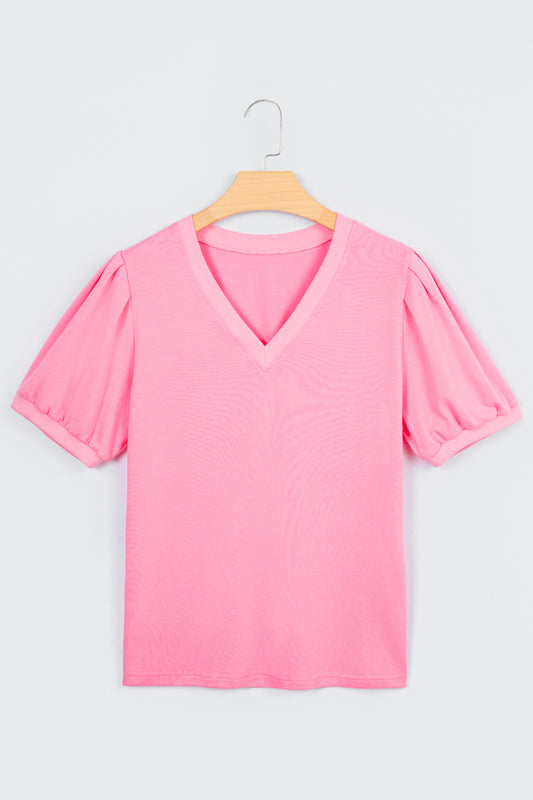 Bonbon Solid Color V Neck Short Puff Sleeve Blouse