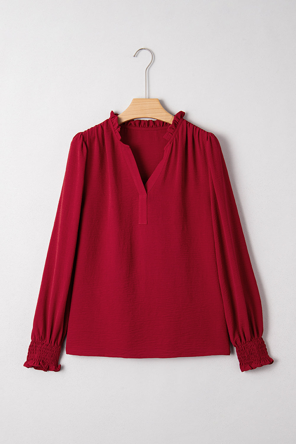 Burgundy Notched Neck Shirred Cuffs Long Sleeve Blouse