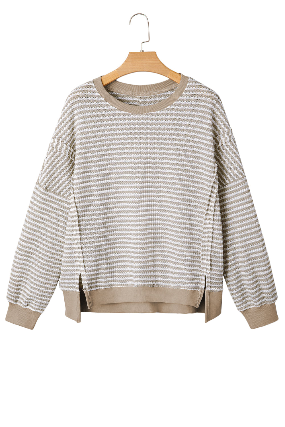 Brown Stripe Ribbed Trim Drop Shoulder Long Sleeve Oversized Top