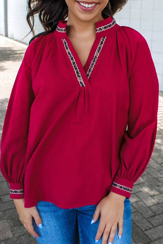 Racing Red Leopard Ricrac Applique V Neck Blouse