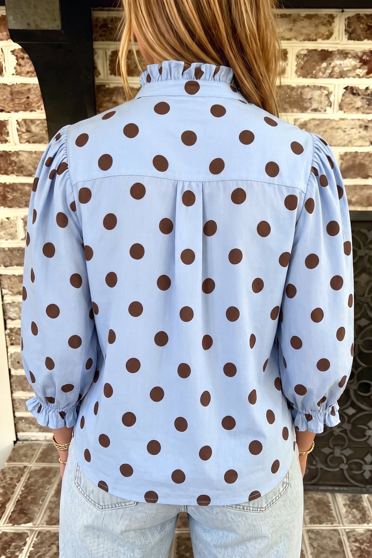 Black white Polka Dot Striped Print Ruffle Stand Neck 3/4 Sleeve Shift Shirt