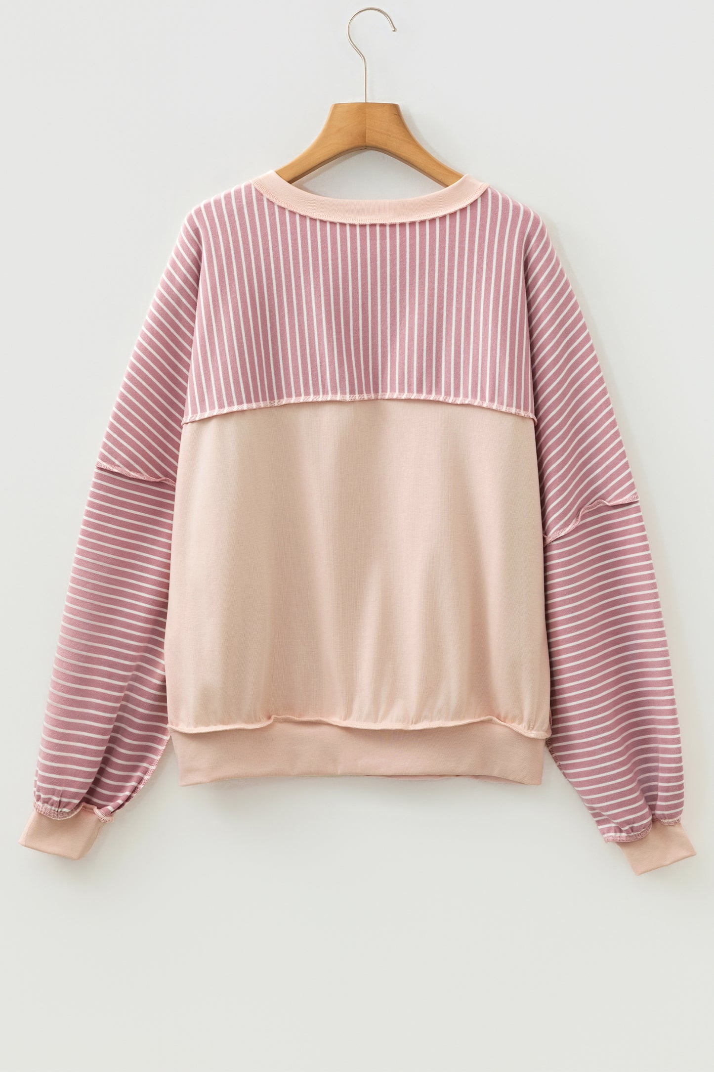 Pink Stripe Exposed Stitching Patchwork Casual Long Sleeve Top