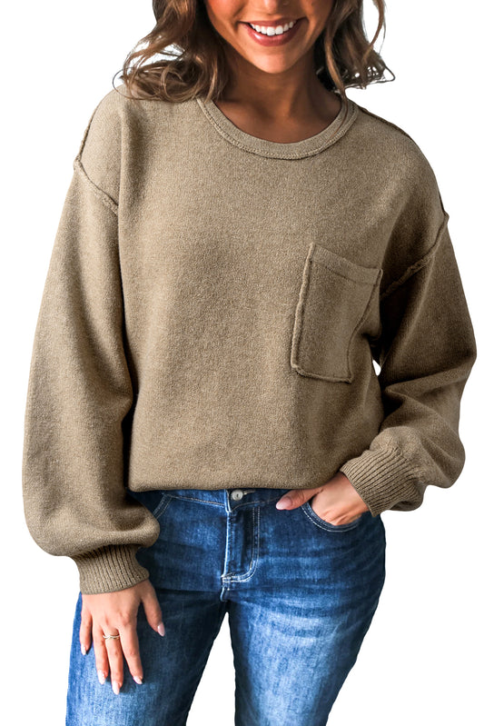Dark Khaki Pocket Pullover Sweater