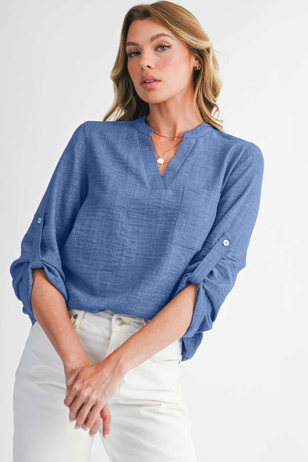 Ashleigh Blue Chest Pocket V Neck Plain Roll-up Sleeve Blouse