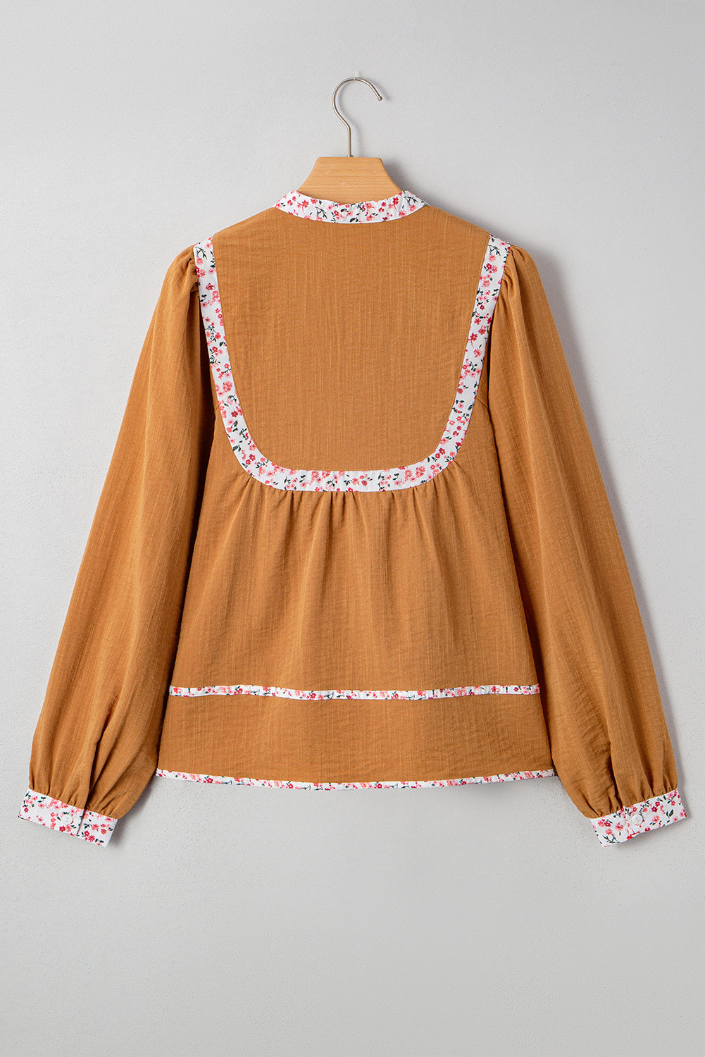 Straw Yellow Split Neck Pleated Floral Trim Puff Sleeve Blouse