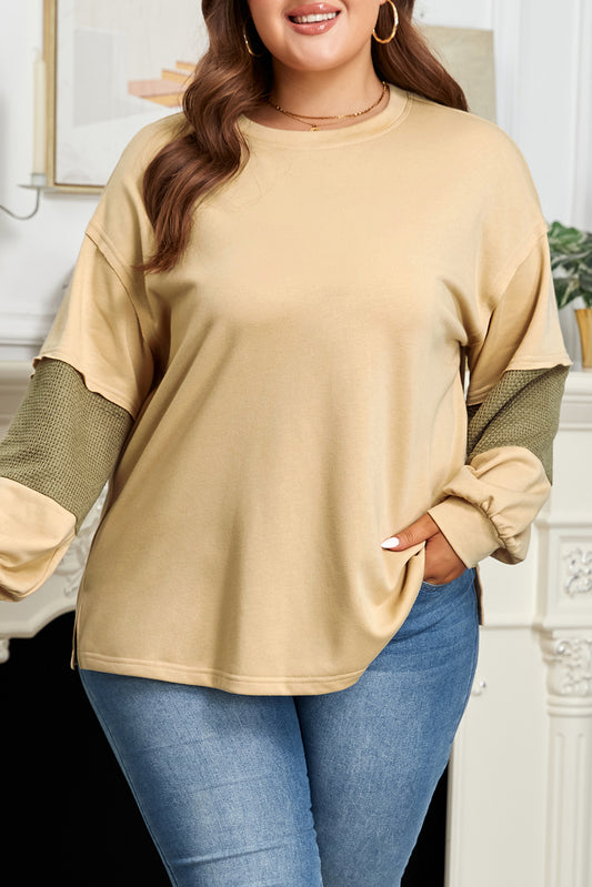 Laurel Green Exposed Seam Texture Patchwork Plus Size Drop Shoulder Pullover