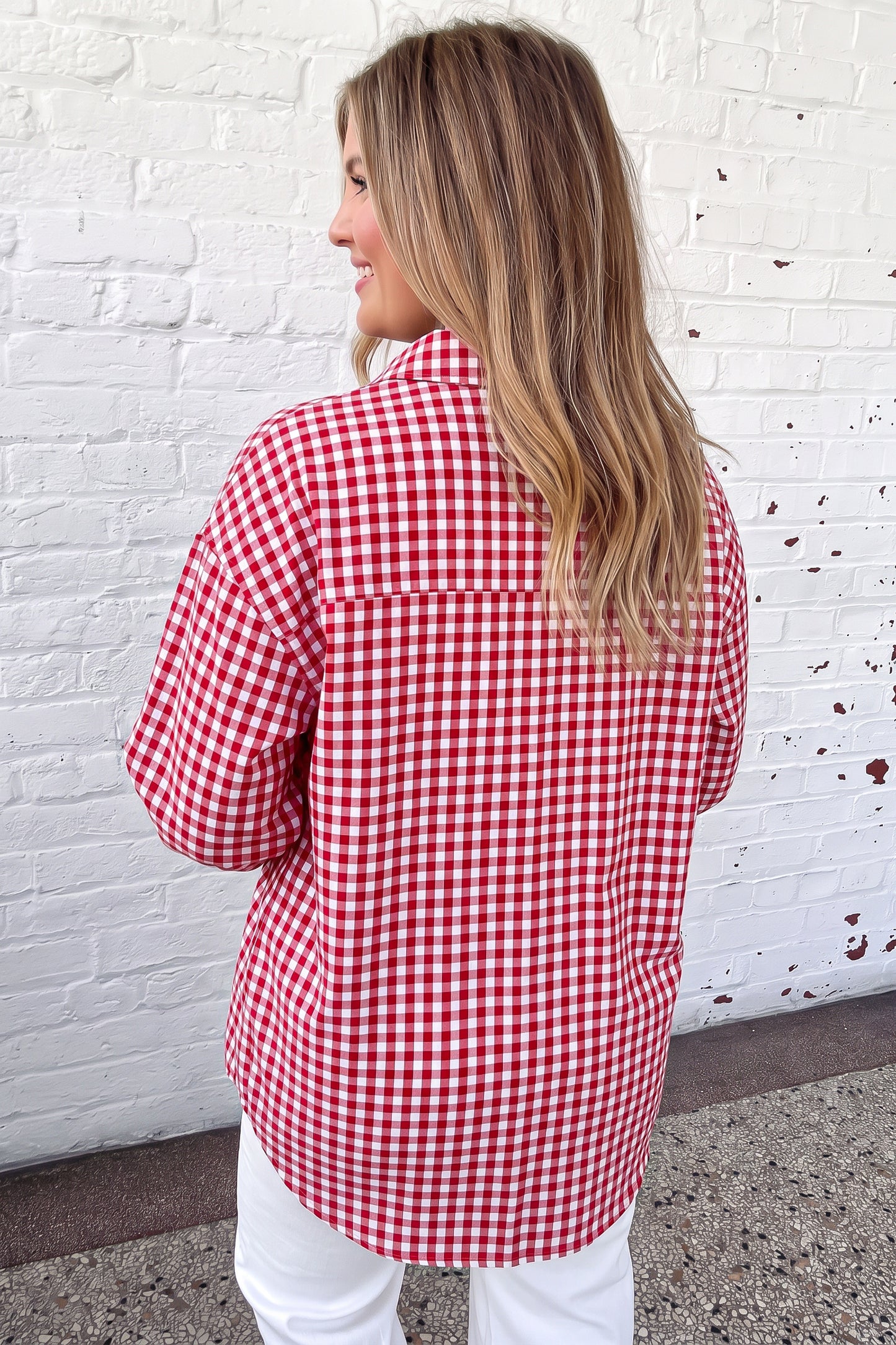 Red Plaid V Neck Long Sleeve Tunic Loose Fit Plus Size Shirt