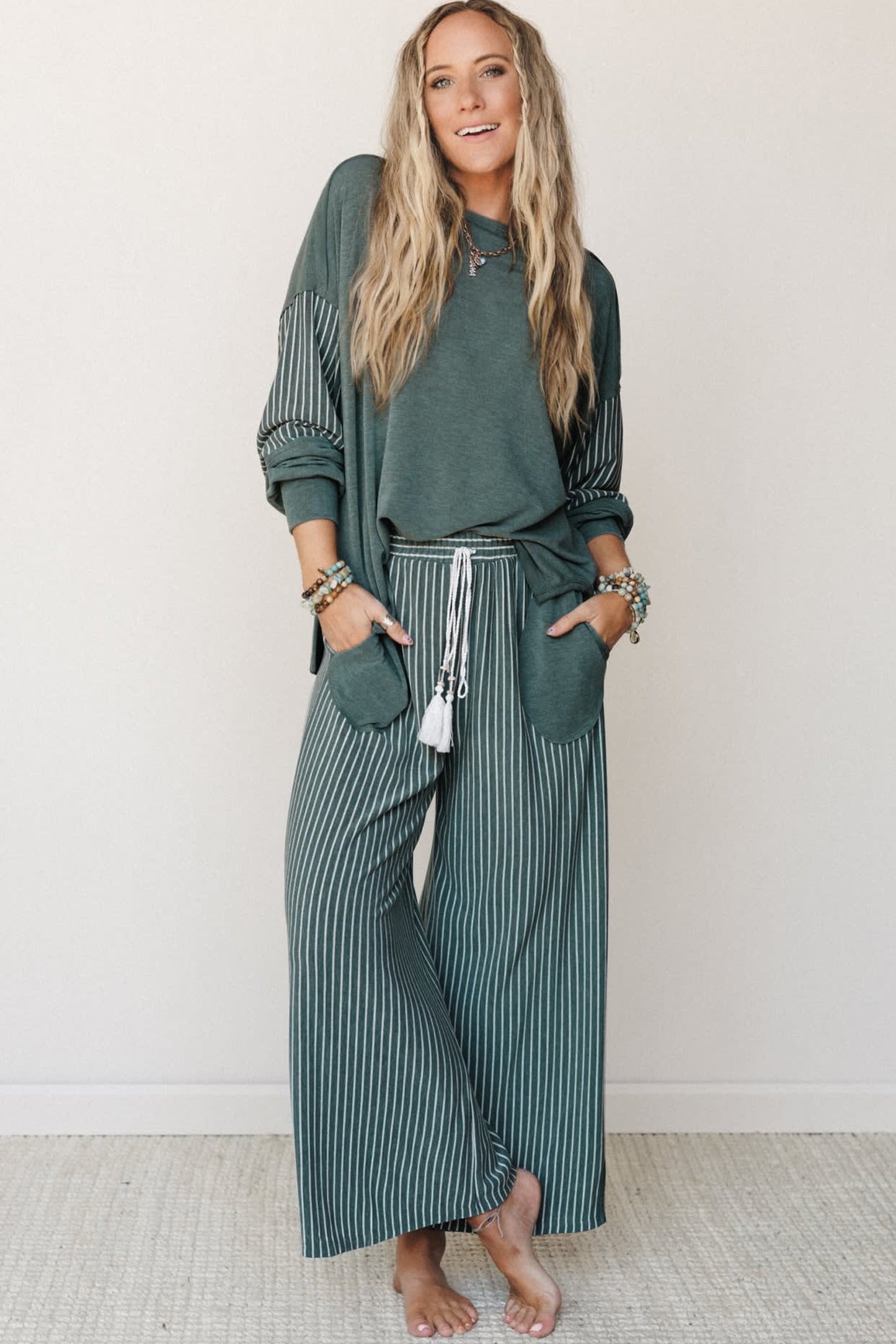 Fushia Raw Seam Patchwork Long Sleeve Top Pocket Casual Pants 2pcs Set