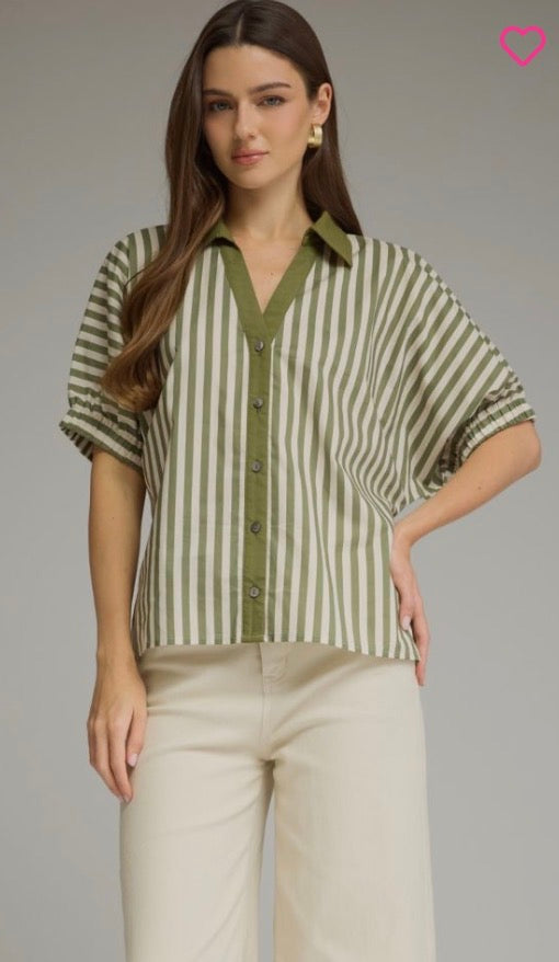 ENTRO Olive Green & Crème Stripe Top