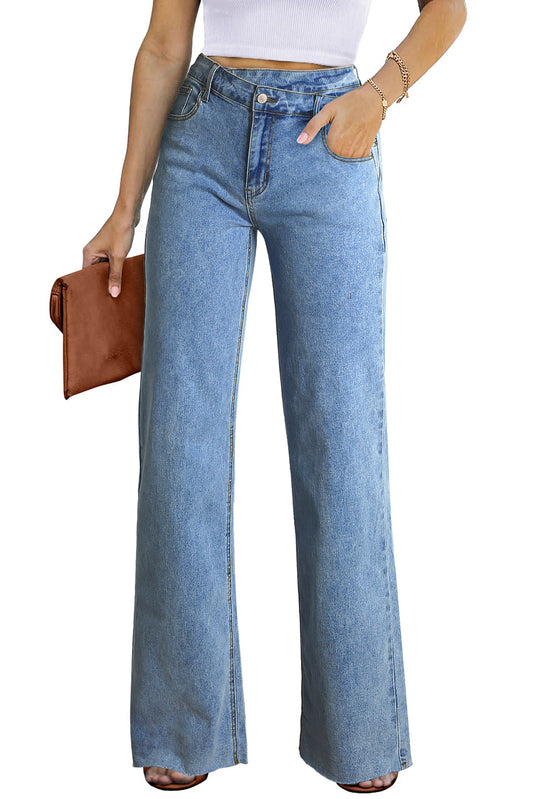 Blue Mid Rise Asymmetrical Waist Wide Leg Jeans