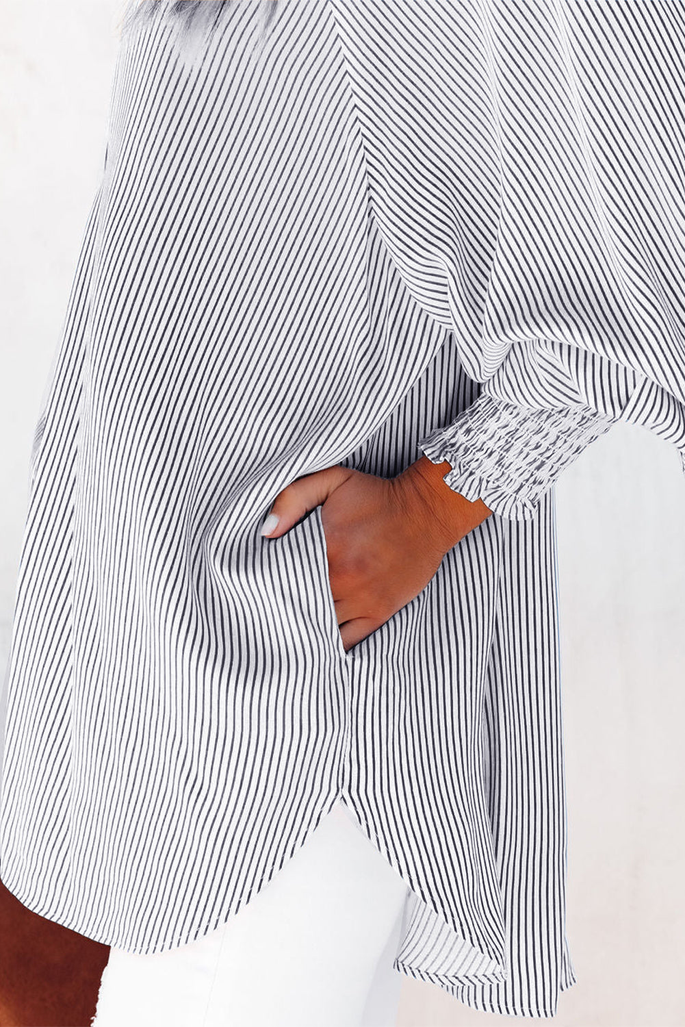 Blue Stripe Striped Casual Shirred Cuffs Shirt