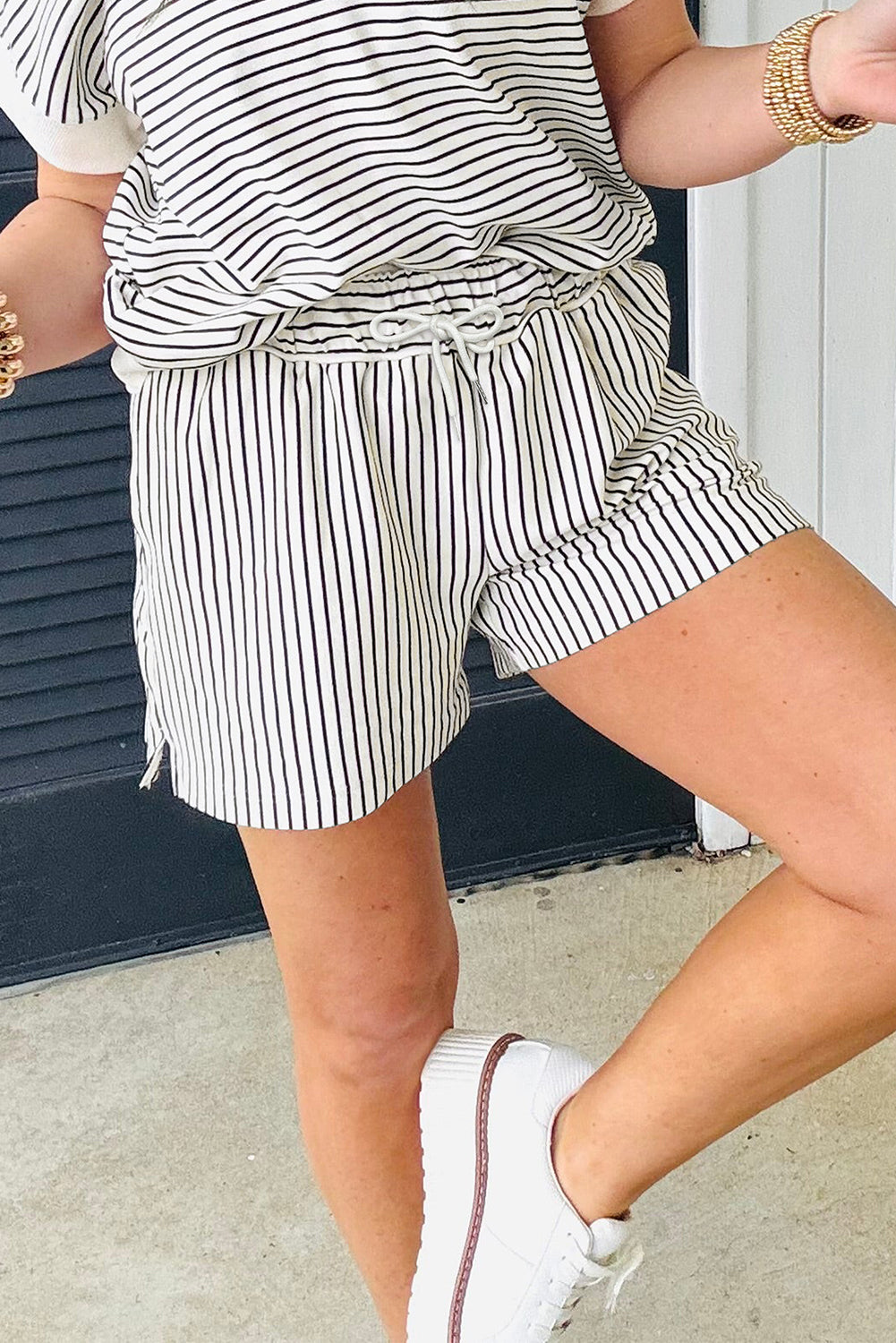 Black Striped V Neck Tee and Casual Shorts Set