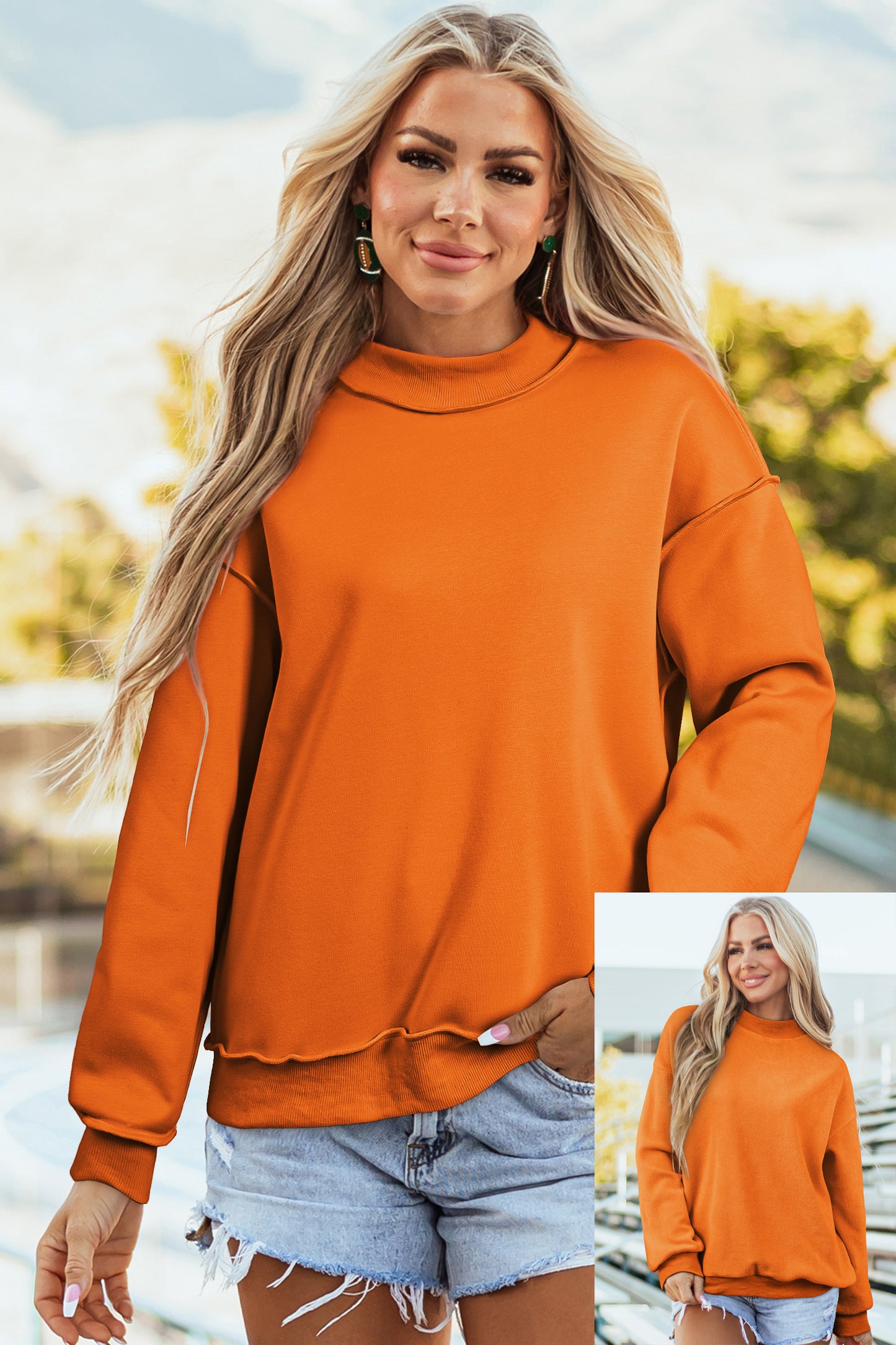 Apricot Oversize Drop Shoulder Reversible Mock Neck Sweatshirt