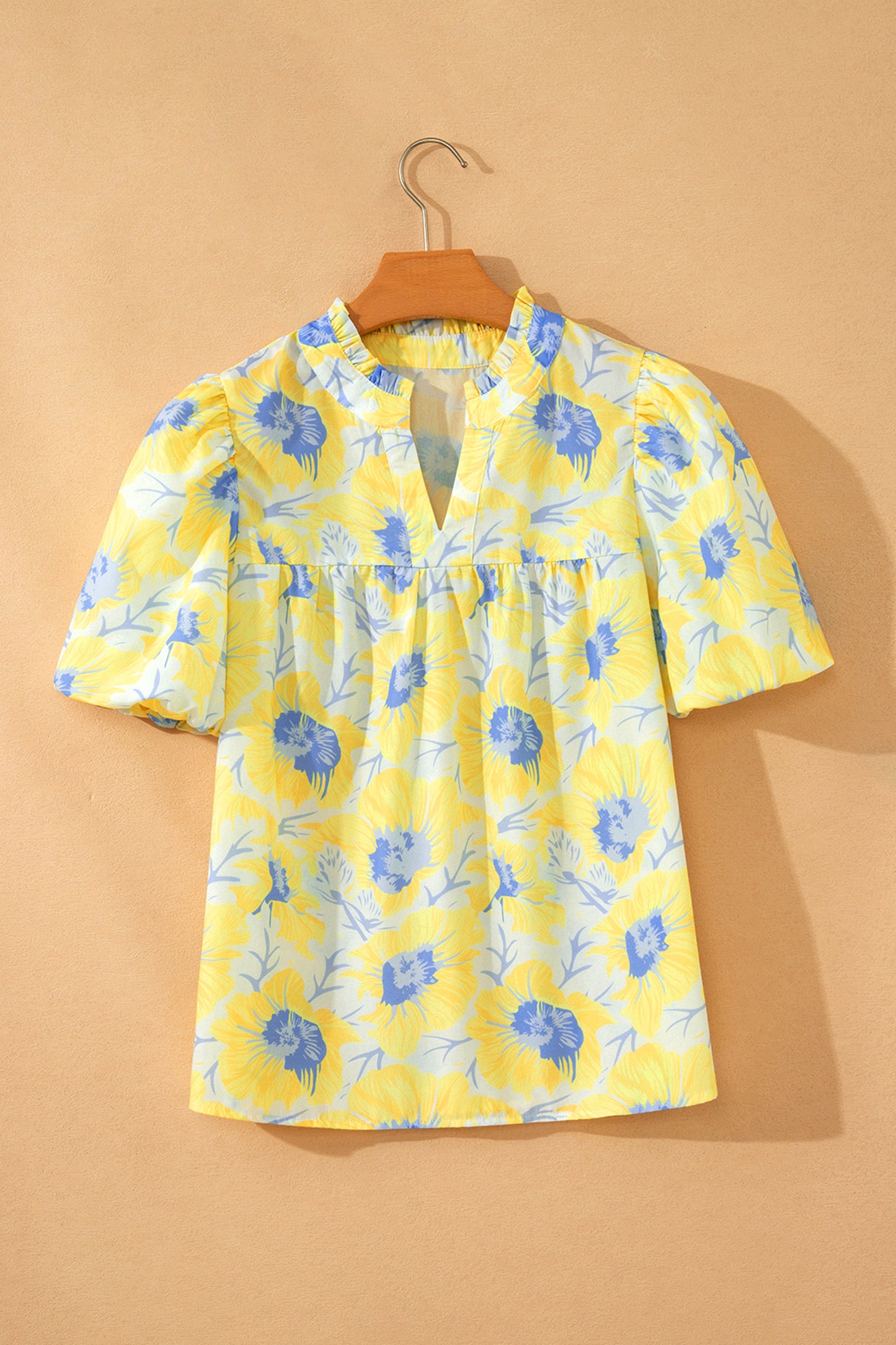 Green Short Bubble Sleeve Summer Floral Blouse